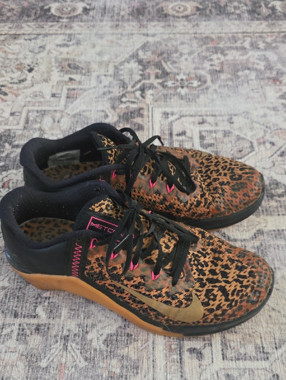 Nike Leopard-Print Training Shoes with Gold Swoosh and Pink Accents